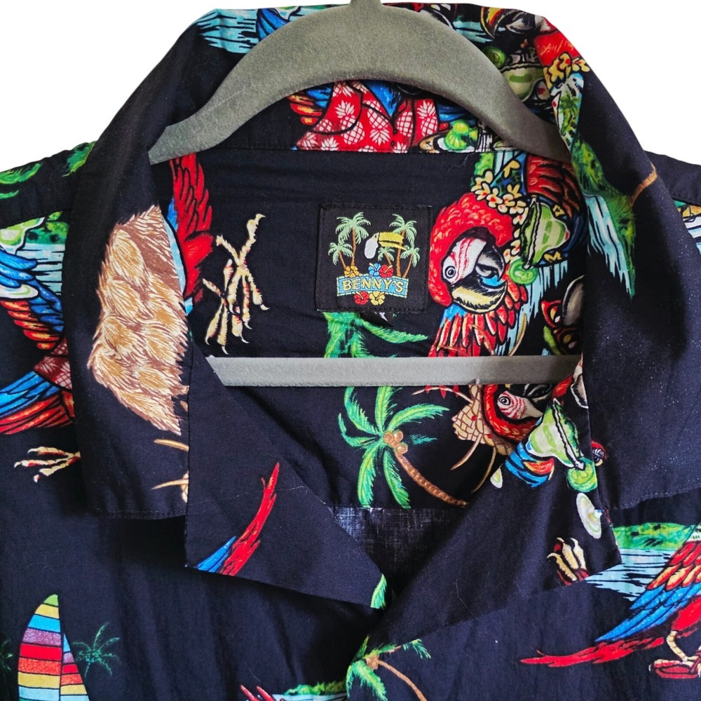 Benny's Parrot‎ Tropical Hawaiian Shirt Black Palm Tree 3XL Button Up USA Cotton
